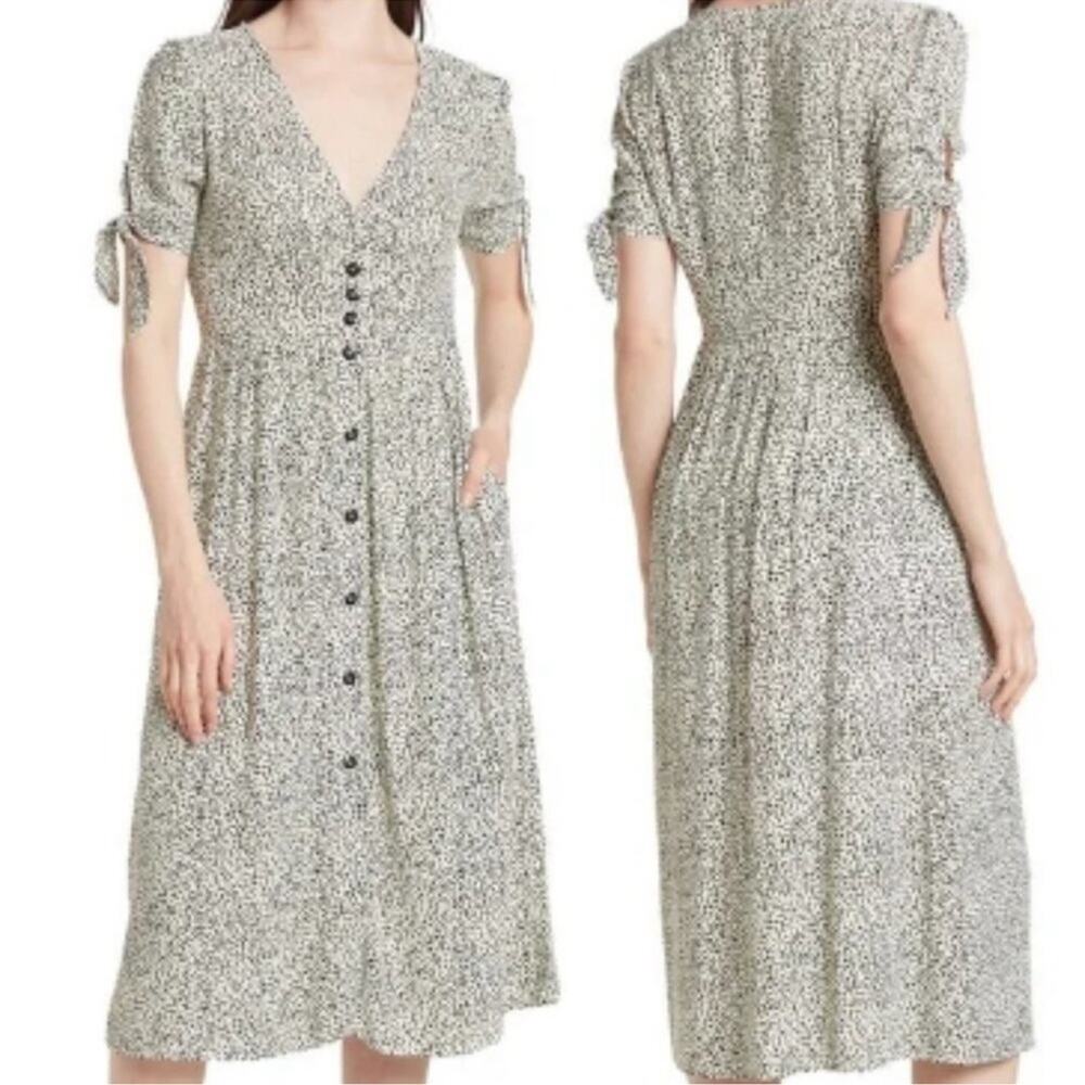 Melloday | Tie Sleeve V-Neck Button-Front Midi Dress Ivory Black